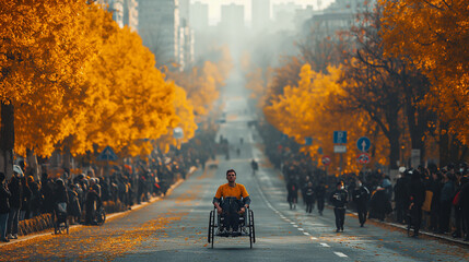 Disabled athlete in a wheelchair racing on the street