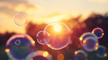 Air bubbles, evening sun background - obrazy, fototapety, plakaty