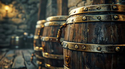 Wooden barrels stand in a series, exhibiting split toning in dark amber and gold, revealing hidden details with selective focus. - obrazy, fototapety, plakaty