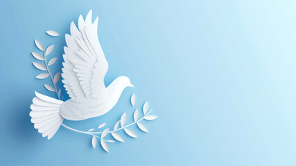 White dove on blue background. Paper cut style.