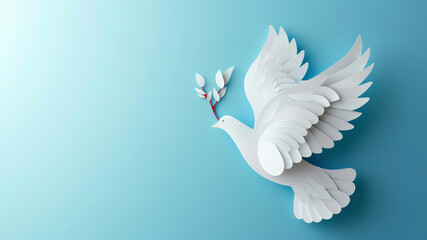 White dove of peace with olive branch on blue background. Vector illustration.