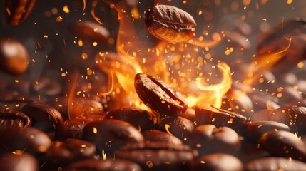 A video shows coffee beans engulfed in flames, created with animated gifs and a soft realism technique. - obrazy, fototapety, plakaty