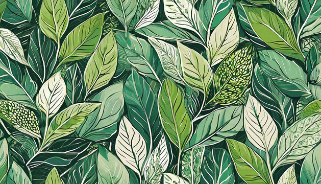 Watercolor illustration of lush green leaves. Abstract foliage pattern. Hand drawn art