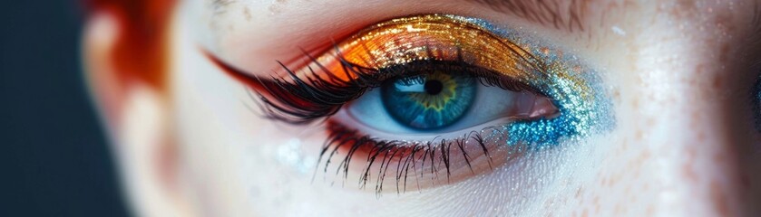 The model's eye pops with vibrant shades of dazzling artistry, captured in an intimate close-up...