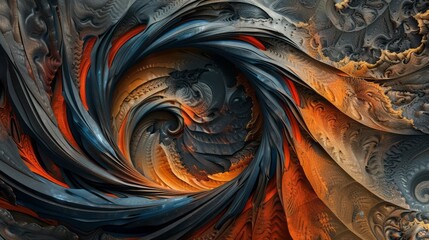 A fractal design, blending orange, blue, and black colors, merges realism with fantasy elements, spirals, and curves in dark red and light gold.