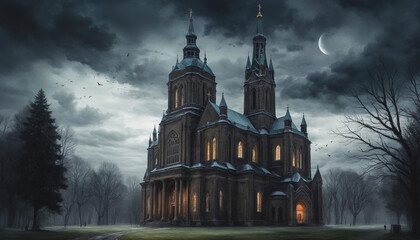 ominous stormy sky above a church building in the style of dark gothic watercolor colorful background - obrazy, fototapety, plakaty