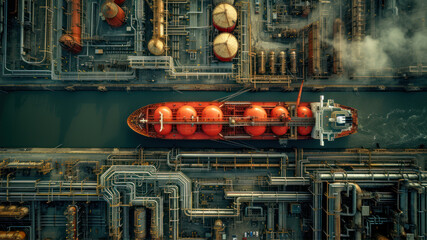 Tugboat in oil refinery. Industrial concept. 3d rendering - obrazy, fototapety, plakaty
