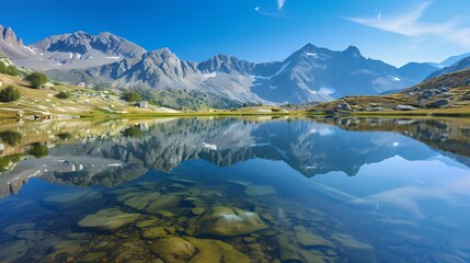 A serene mountain lake with a mirrored surface reflecting the towering peaks and the clear blue sky above. - Powered by Adobe