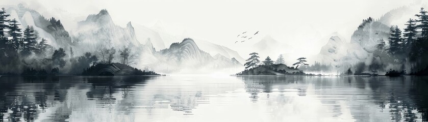 Chinese ink and water landscape painting is a traditional art form that captures the beauty of nature. - obrazy, fototapety, plakaty