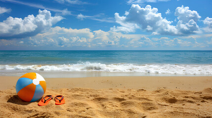 Fototapeta na wymiar An inflatable beach ball and a pair of flip-flops on the sandy beach.