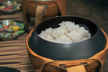 Portrait of monk's alms bowl is a container for holding food. Performing rituals and storing luggage on a pilgrimage.