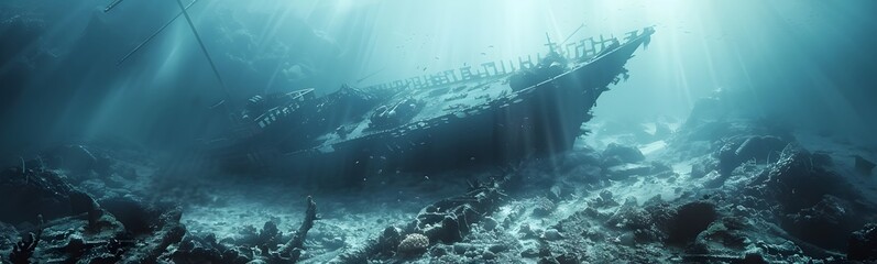 On the ocean floor, the remains of a once majestic ship lie silent, surrounded by a bustling community of marine life. - obrazy, fototapety, plakaty