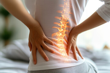 Woman suffering from back pain at home, closeup. Health care concept - obrazy, fototapety, plakaty