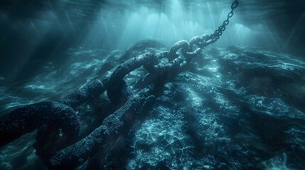 A heavy chain covered in marine growth descends into the dark depths of the ocean, highlighted by ethereal sunlight from above. - obrazy, fototapety, plakaty