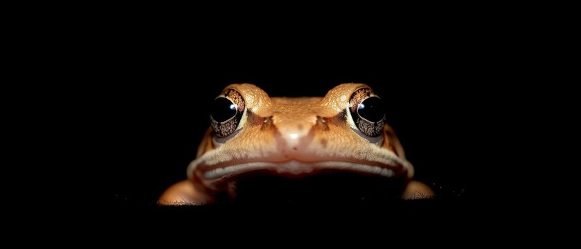  Close-up of a frog's face in the dark with wide-open eyes, facing the camera
