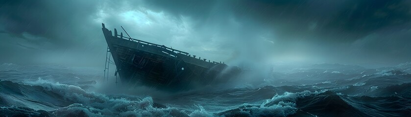 In the midst of a tempest, a ghostly shipwreck stands defiant against the furious waves under a tumultuous night sky.