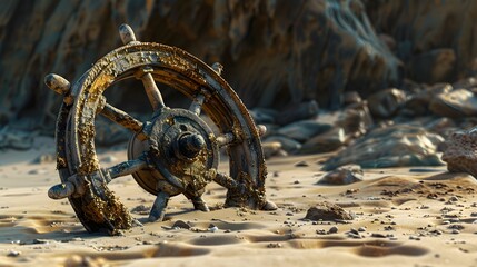 An old, barnacle-encrusted ship's wheel stands solitary on a sandy shore, a remnant of maritime history slowly being claimed by the land. - obrazy, fototapety, plakaty
