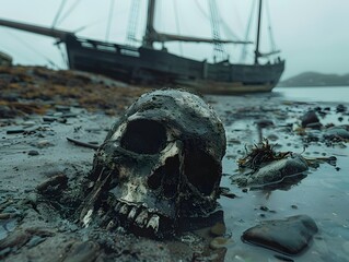A human skull lies on a wet shoreline with an eerie shipwreck in the foggy background, evoking a sense of mystery and history.