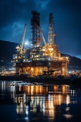 A massive oil rig platform sits atop the water under the night sky. The rig is illuminated, showcasing its industrial presence in the marine environment