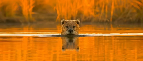 Foto op Canvas  A bear swimming in water, surrounded by reeds and under a yellow sky © Wall