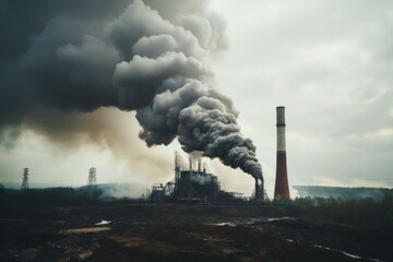 Smoke billows from a factory chimney in a rural area, causing environmental pollution. The industrial site emits thick plumes of smoke into the atmosphere, impacting the surrounding countryside - obrazy, fototapety, plakaty