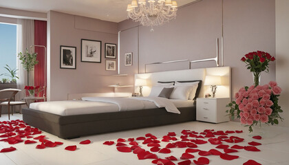 Romantic room with roses, rose petals and candles colorful background