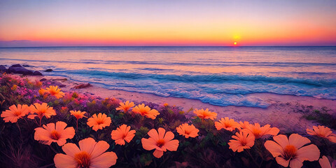 A vibrant flower blooms on the sandy beach.