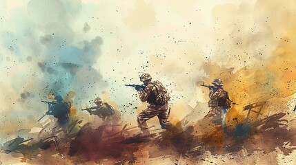 watercolor painting of soldiers conducting war training - obrazy, fototapety, plakaty