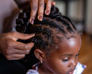 Candid moment of a parent braiding their child's hair, capturing the bond and daily hair care routine, - obrazy, fototapety, plakaty