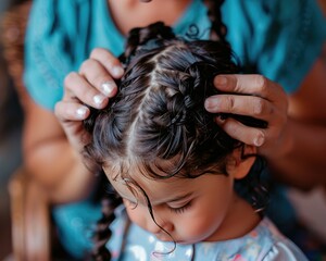 Candid moment of a parent braiding their child's hair, capturing the bond and daily hair care routine, - obrazy, fototapety, plakaty