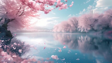 A serene lake surrounded by blossoming cherry trees, creating a picturesque scene with delicate pink petals drifting on the water's surface.