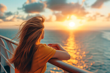 Happy woman relaxing on deck feeling free watching sunset from ship on cruise travel vacation