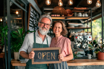 Mature couple colleagues and small business owners with open sign and happy at restaurant in support together