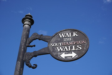 Walk the Southampton Walls tour sign in UK city. medieval fortification attraction in old town area of Southampton