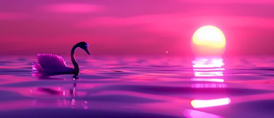 Fototapeten  A swan glides atop a tranquil lake beneath a rosy, lilac sky, framed by the golden radiance of the setting sun © Wall