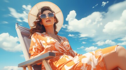 Woman in Hat and Sunglasses Sitting on Beach Chair - obrazy, fototapety, plakaty