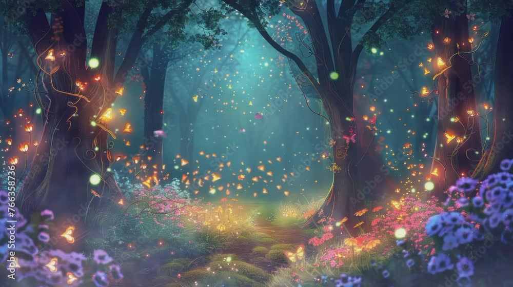 Wall mural fantasy fairy tale background with enchanted forest seamless looping time-lapse virtual 4k video ani