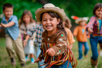 a group of children playing cowboys and indians in the park