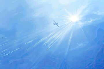 flying airplane sunrays in blue sky - obrazy, fototapety, plakaty
