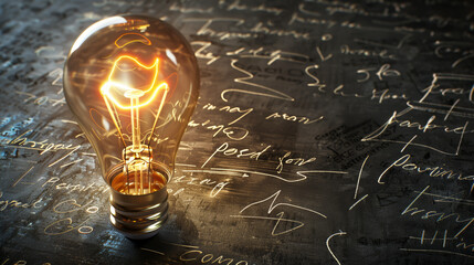 A lightbulb illuminating above a detailed action plan, leading to successful results, symbolizing inspiration, action, results - obrazy, fototapety, plakaty
