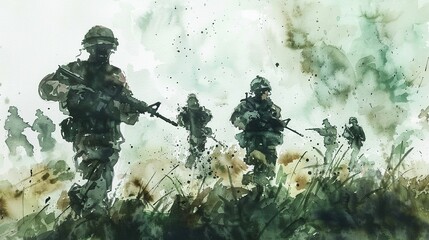watercolor painting of soldiers conducting war training - obrazy, fototapety, plakaty