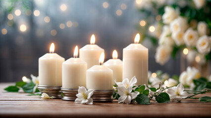 Fototapeta na wymiar Background with white candles and flowers