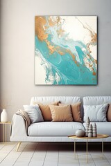 Splashes of bright paint on the canvas. beige, turquoise and white colors