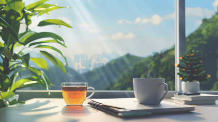 Cozy workspace, minimalist desk with a comforting cup of tea, tranquil nature scenes adorning the background