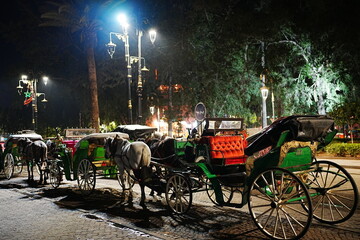 Horse-drawn carriages at Jemaa el-Fnaa in Marrakesh in Morocco at evening