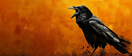  Black bird with long beak on orange background, black bird in foreground - obrazy, fototapety, plakaty