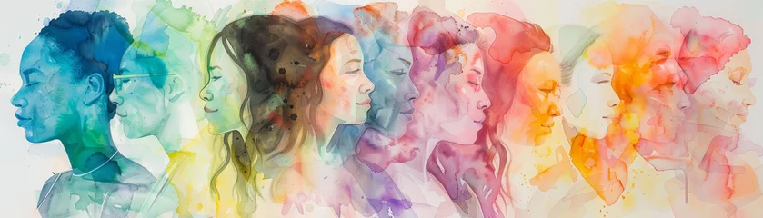 Foto op Plexiglas Ethereal watercolor scene of women from diverse ethnic backgrounds, united in harmony and beauty © pantip