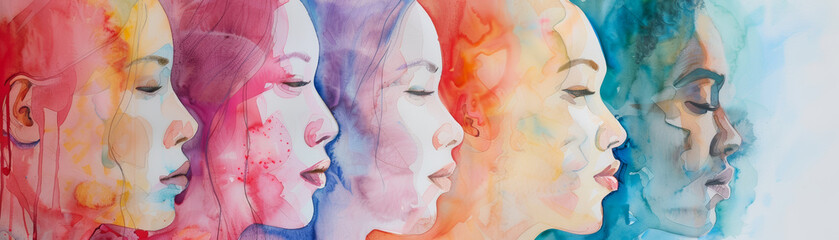 Ethereal watercolor scene of women from diverse ethnic backgrounds, united in harmony and beauty