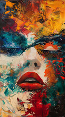 Intense colors and dynamic strokes capture an emotive abstract expressionist face. - obrazy, fototapety, plakaty