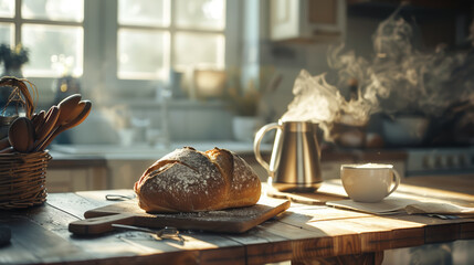 Fototapeta na wymiar Rustic cozy kitchen interior, morning light pouring in, freshly baked bread and a kettle steaming in the background